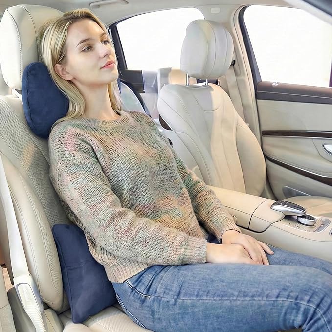2PCS Welbrit Car Pillow for Car Neck Pillow for Driving Seat Lumbar Support Soft Cushion with Extra Filling Accessories Back Support for Travel Nap and Trips Sleeping(Blue, Head and Lumbar)