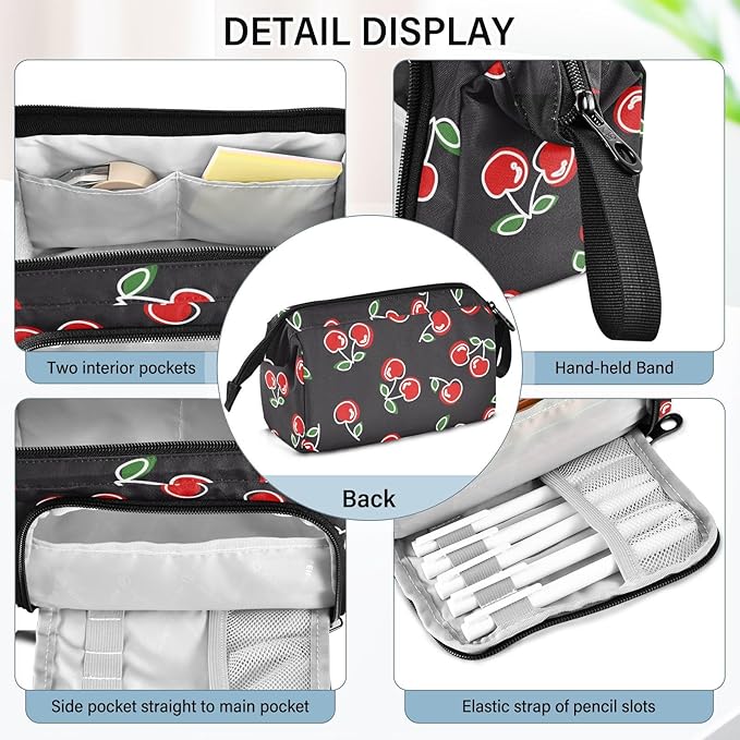 Red Cherries Pencil Case Pouch Big Capacity Pencil Bag Box Organizer Pen Case Pencil Pouch Aesthetic with Handle for Boys Girls Kids Women School College