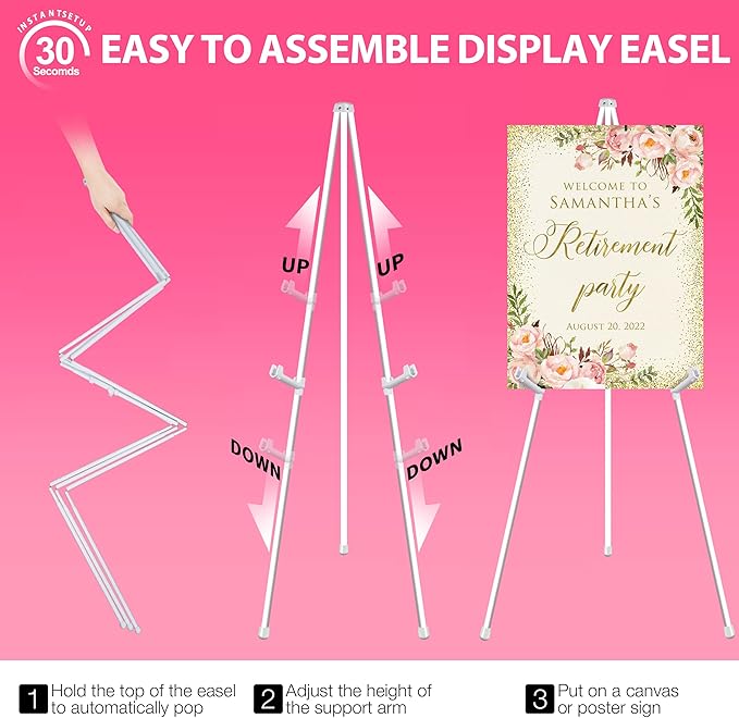 63" White Easel Stand for Wedding Sign Poster Display Easel Folding Art Easel for Floor Adjustable Metal Easel Instant Tripod Easel for Display Painting Wedding Shower Sign Easel, 1Pack
