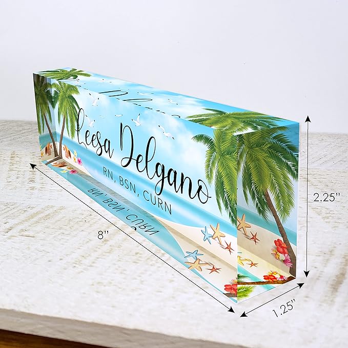 Artblox Office Desk Name Plate Personalized | Custom Name Plates for Desks | Sea Beach Design On Clear Acrylic Glass | Office Desk Decor - (8" x 2.5")