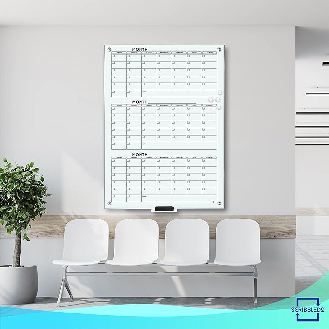 Glass Whiteboard Calendar 34x46” Quarterly Planner White Board Dry Erase Board 3 Month for Wall Glass Whiteboard Home Office Large Wall Calendar & Marker Tray