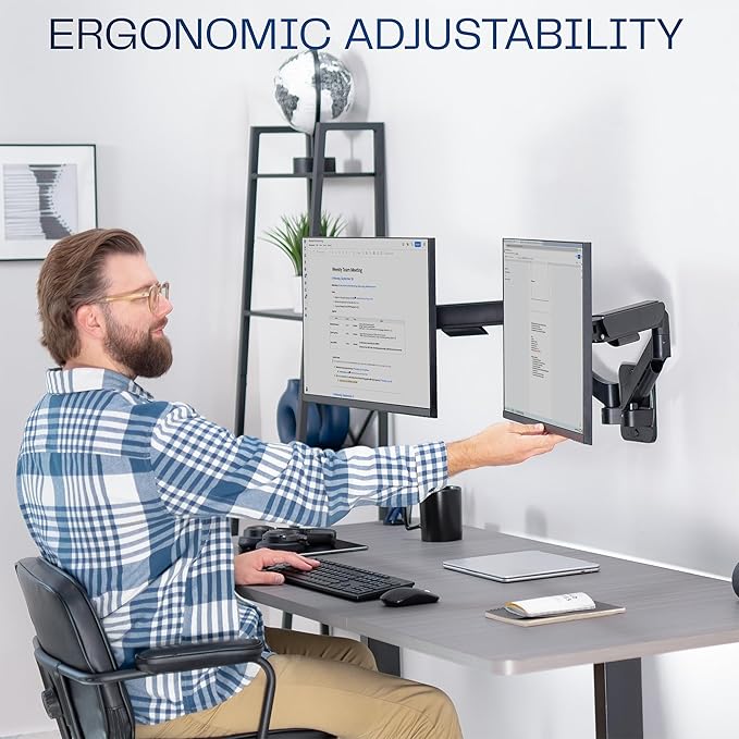 VIVO Height Adjustable Pneumatic Extended Arm Dual Monitor Wall Mount Full Motion Articulating, Fits 2 Screens 17 to 27 inches, Black, MOUNT-V002G