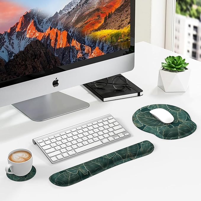 iLeadon Ergonomic Mouse Pad with Wrist Support, Easy Typing & Pain Relief, Keyboard Wrist Rest and Mouse Pad Set with Non-Slip Base for Computer Home, Green Leaves