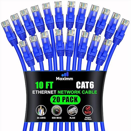 Maximm Cat 6 Ethernet Cable 10 ft (20-Pack) - High-Speed LAN Cable, Internet Cable, Patch Cable, and Network Cable - UTP, 10Gbps, 550MHz Ethernet Cord - Blue