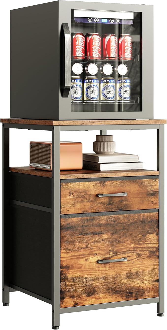 Mini Fridge Stand with 3 Storage, Mini Fridge Cabinet, Beverage Fridge Table, Heavy Duty 18.11" L* 18.11" W Tabletop, for Dorm, Apartment,Office, Bedroom Rustic Brown HB03BXN