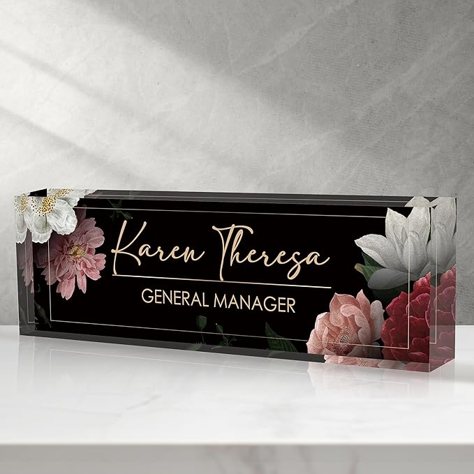 Custom Office Name Plate, Personalized Gifts for Women & Men, Appreciation Gifts for Employees, Boss, Teacher - Office Desk Accessory (Hibiscus Flower)