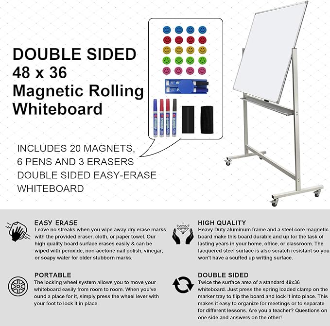 Mobile Whiteboard Magnet Dry Erase Board on Wheels Double-Sided Magnetic Portable Stand Whiteboard- 48"x36" Rolling White Boards with Easy Flip Feature