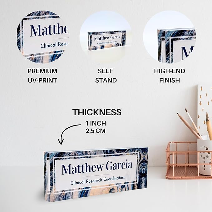 Customized Clear Acrylic Thick 8x3" Desk Name Plate Block with Personalized Logo - Professional Office Decor - Customized Acrylic Plate Gift for Teacher Co-workers, Christmas Gifts for Her, Thanksgiving Gifts (Turquoise Shine Marble)