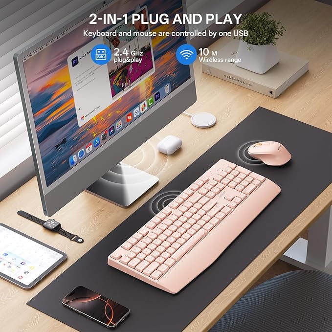 PHILIPS Wireless Keyboard and Mouse Combo-Ergonomic Keyboard and Mouse Wireless Combo with Silent Design,Plug n' Play,Sleep Mode and 2.4GHz Keyboard for Mac, Windows, Laptop-Pink