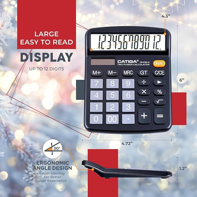 CATIGA Desktop Calculator (2 Pack) 12 Digit with Large LCD Display and Sensitive Button, Solar and Battery Dual Power, Standard Function for Office, Home, School, CD-2786 (2 Black)