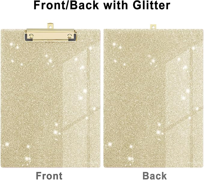 Glitter Acrylic Clipboard Decorative Standard A4 Letter Size 12.2" x 8.7", Fashion Bling Clip Boards with Designed Low Profile Gold Clip for Classroom Office - Light Gold
