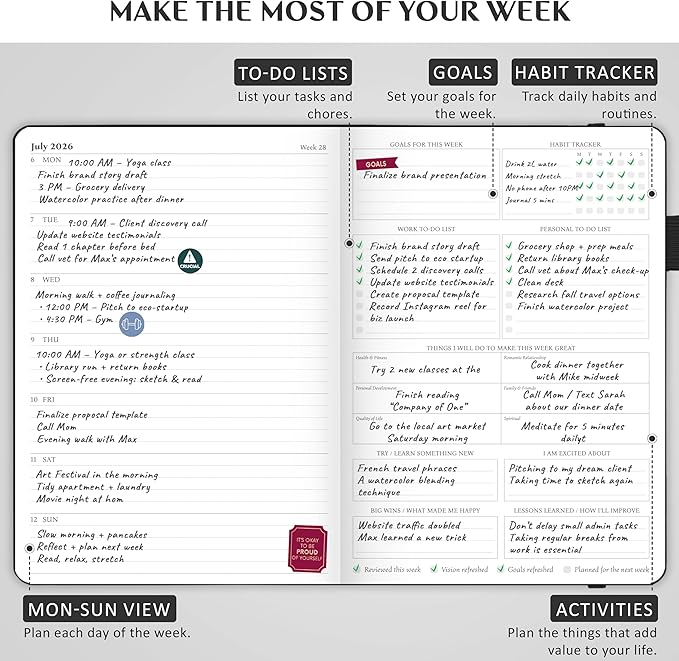 Legend Planner PRO Dated Jan 2026-Jan 2027 – Deluxe Weekly & Daily Organizer with Time Slots. Appointment Book Journal for Work & Time Management, A4 Hardcover (Black)