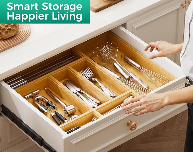 Long Bamboo Kitchen Drawer Organizer Boxes – 17" x 6" Stackable Wood Silverware Utensil Tray for Drawers Bins Cutlery & Flatware Storage – Wooden Pantry Organizers Set of 2 for Junk Drawer Bathroom Rv