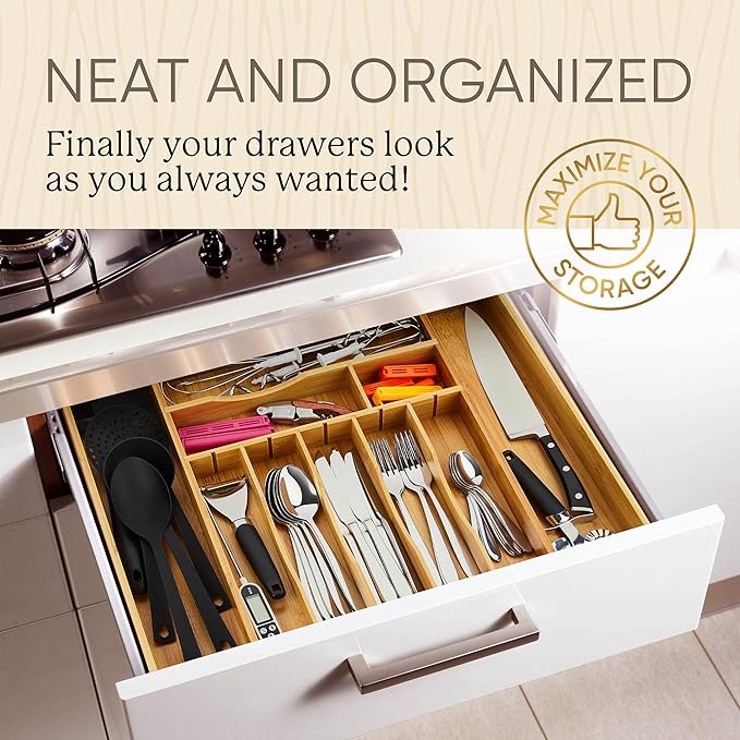 Night Tree 2.5” Extra Deep Silverware Drawer Organizer with Adjustable Dividers – Expandable Bamboo Flatware Tray for Kitchen, Reinforced Wood Cutlery Holder (14"-21.6" Wide)