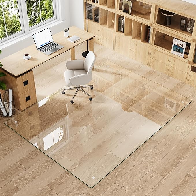 Tempered Glass Chair Mat for Carpet & Hard Floor, 60"x80" Office Chair Mat - Heavy Duty & Scratch Resistant, Non-Slip Pads, Rounded Corners & Polished Edges