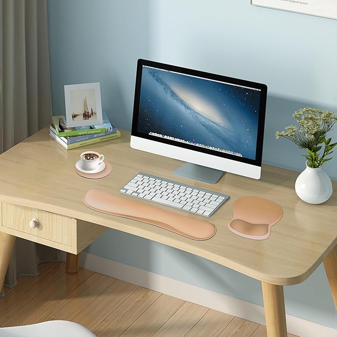 Wrist Rest Support for Mouse Pad Keyboard Set Circle Coaster Gaming Mouse Pad Ergonomic Gel Memory Foam Set for Computer, Laptop, Office, Pain Relief, Comfortably Typing Brown KM-32