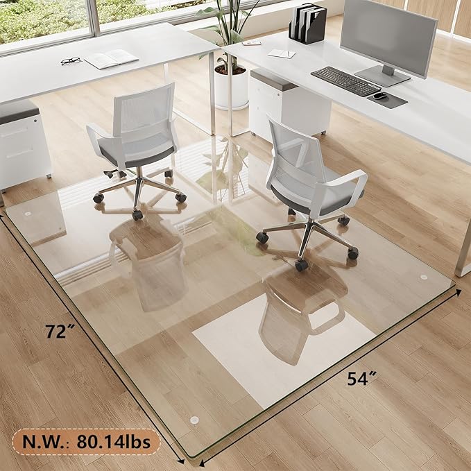 Tempered Glass Chair Mat for Carpet & Hard Floor, 54"x72" Office Chair Mat - Heavy Duty & Scratch Resistant, Non-Slip Pads, Rounded Corners & Polished Edges