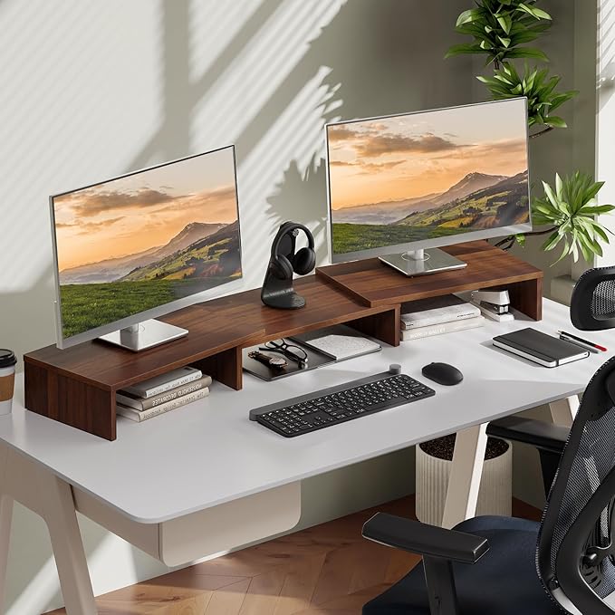 FITUEYES Dual Monitor Stand – 3 Shelf Computer Monitor Riser, Wood Desktop Stand with Adjustable Length and Angle, Desk Accessories, Office Supplies Medium Brown, DT108002WB