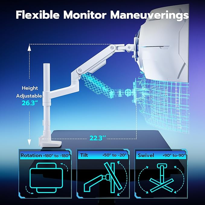 ARES WING Heavy-Duty Monitor Mount for 17-49 inches Ultrawide Curved Flat Monitors Holds 44lbs, with 18" Extended Column for Desk, Adjustable Gas Spring, White