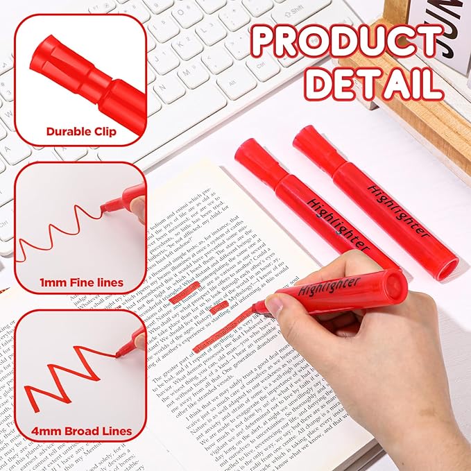 Qilery 30 Pack Highlighters Bulk, Tank Style Chisel Tip Highlighters Markers Pack Quick Drying for Adult Coloring, Home Office Supplies (Red)