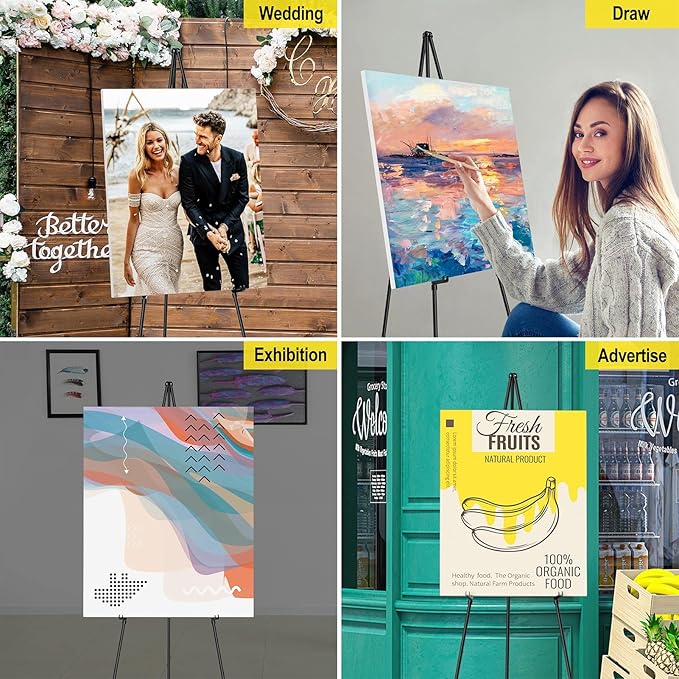 Display Black Easel Stand for Wedding Sign, Artist Instant Tripod Collapsible Portable Floor Easel for Posters, 63" Adjustable Easy Folding Metal Stand for Display Show, Arts, Painting