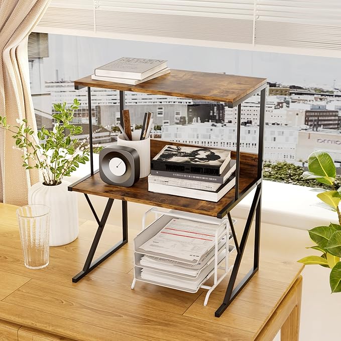 aboxoo Printer Stand for Desk, Desktop Printer Shelf Large 3-Tier Multi-Purpose Office Organization Shelves for Home Office, Rustic Brown