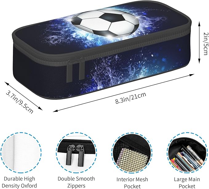 Boys Pencil Pouch with Soccer Ball, Sports Pencil Case Pencil Box for Kids, Big Capacity Black Blue Pencil Holder Pen Bag Storage Organizer Stationery Bag with Zippers