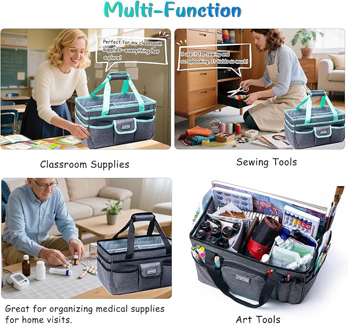 APOFFICE Art Supply Organizer Tote Bag – Craft Caddy with Handle, Utility Storage Tote with Multiple Pockets & Adjustable Divider for Stationary, Sewing, Scrapbooking, School, Office, Medical Supplies