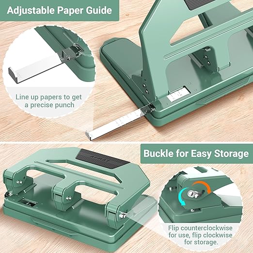 AFMAT Heavy Duty 3 Hole Puncher, 40-Sheet Three Hole Punch Heavy Duty, 50% Reduced Effort Paper Punch, 10K+ Uses, Metal Hole Puncher 3 Ring w/Large Tray, Bulit-in S.S. Paper Guide HPX2(Green)