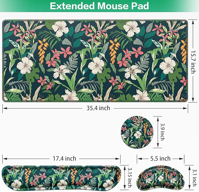 Desk Mat Floral, Large Gaming Mouse Pad with Wrist Rest, 4in1 XXL Mousepad+Keyboard Wrist Rest+Mouse Pad Wrist Support+Cup Coaster Set Ergonomic Computer Desk Arm Wrist for Decor Home Office Women