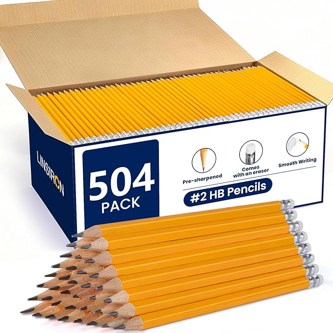 LINSIRON Pencils Pre-Sharpened #2 Pencil with Erasers, Yellow,7.5in 504 Pack