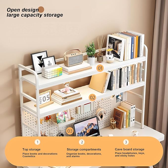 2-Tier Desktop Bookshelf Hutch - Metal Desk Shelf Bookcase with Desk Pegboard Countertop Storage Organizer Rack for Dorm or Office (A, 90cm/35.4in)