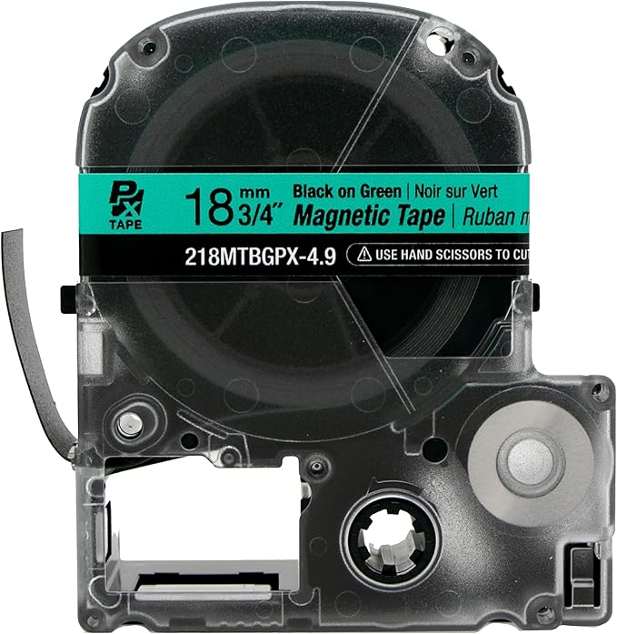 Epson LABELWORKS 218MTBGPX-4.9 Genuine Magnetic Tape Cartridge - Black on Green Magnet Label Maker Tape - 3/4" (18MM) Wide, 4.9 ft, Green