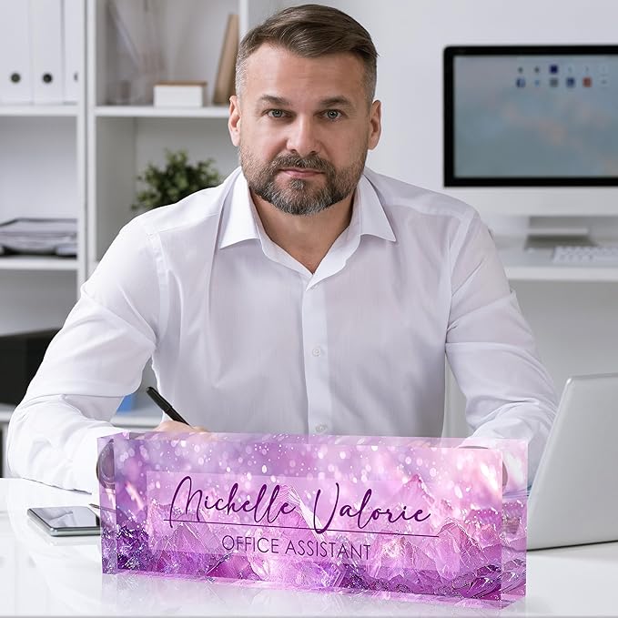 Personalized Office Name Plate, Custom Name Plate for Desks, Office Desk Decorations Gift for Women Men, Acrylic Desk Name Plate for Teacher Coworkers Staff Boss (Amethyst)