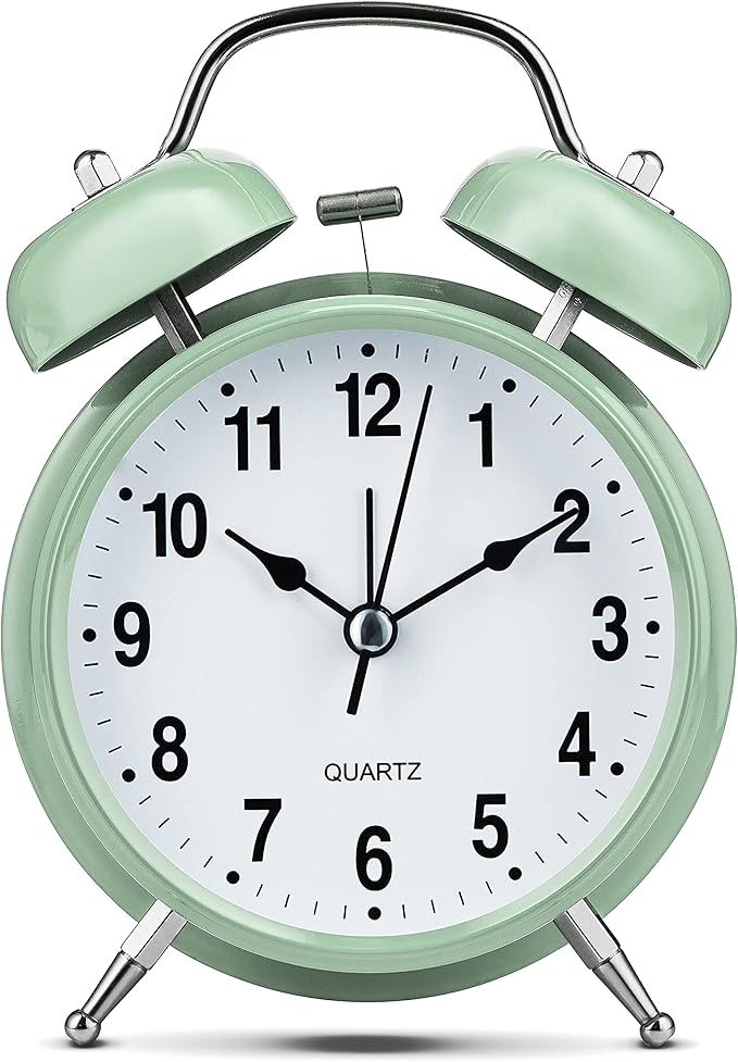 Bernhard Products Analog Alarm Clock 4" Twin Bell Green Silent Non-Ticking Quartz Battery Operated Extra Loud with Backlight for Bedside Table Vintage Retro Style, Decorative Desk Clocks (Pistachio)