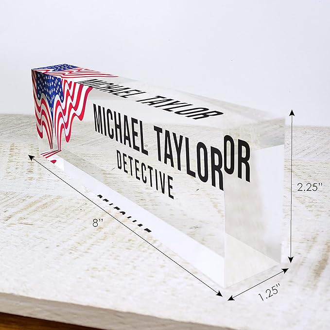 Artblox Office Desk Name Plate Personalized | Custom Name Plates for Desks | Us Flag Design On Clear Acrylic Glass | Office Desk Decor - (8" x 2.5")
