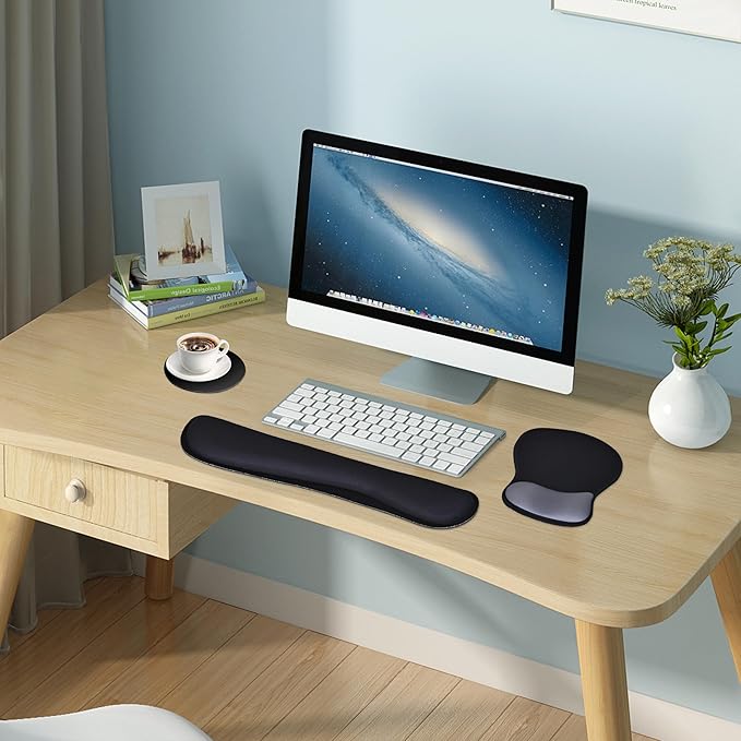Wrist Rest Support for Mouse Pad Keyboard Set Circle Coaster Gaming Mouse Pad Ergonomic Gel Memory Foam Set for Computer, Laptop, Office, Pain Relief, Comfortably Typing Black KM-33