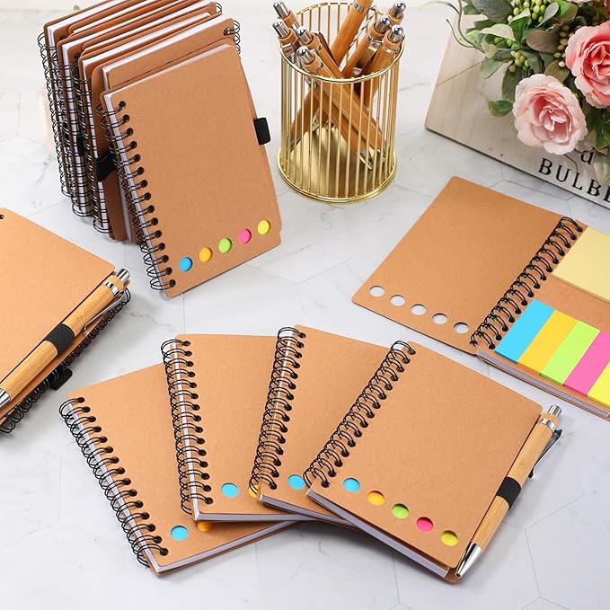 Chuangdi 10 Sets Employee Appreciation Gifts Bulk, Inspirational Kraft Spiral Notebooks with Sticky Notes and Bamboo Pens, Motivational Team Gifts for Office Staff, Coworker, Teachers, Students