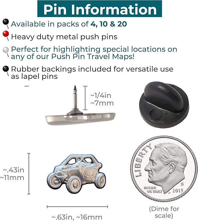 UTV Push Pins - Silver Off-Road Vehicle Map Pins for Cork Boards, Maps, or Lapel Use - Designed in USA - Set of 10