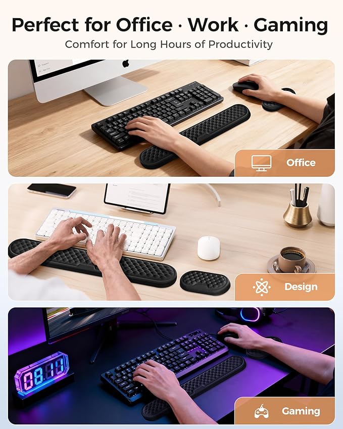 Wrist Rest Set for Keyboard and Mouse, Ergonomic Wrist Support with Soft Memory Foam, Silky Lycra Cover, Non-Slip Base, Helps Reduce Wrist Pressure and Fatigue During Long Typing and Gaming Sessions