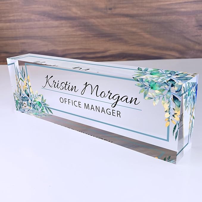 Desk Name Plate for Women, Personalized Plaque, Yellow Floral Name for Desk, Clear Acrylic Name Plate