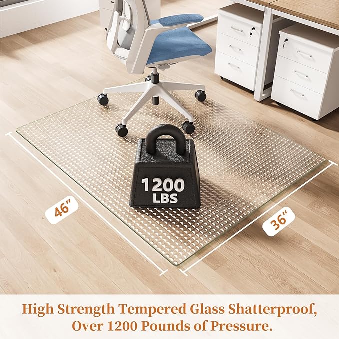 Koonmi Wave Glass Chair Mat 36"x46", Tempered Glass Office Chair Mat, Embossed Wave Pattern Chair Mats with Rounded and Polished Edges for Hardwood Floor, Carpet, Support 1200lbs