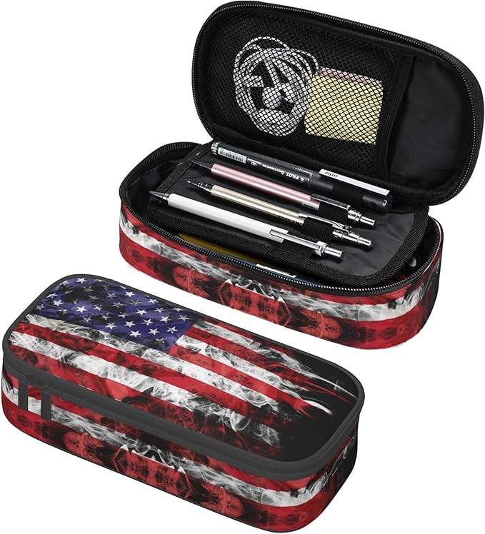 Kids Pencil Case for Boys Girls, Usa Flag Style Pencil Pouch Big Capacity Black Portable Pencil Box Stationery Storage Desk Pen Bag for School Office