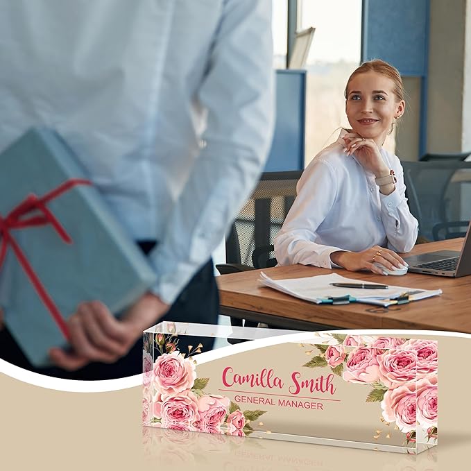 Personalized Name Plate for Desk, Custom Acrylic Desk Name Sign, Office Appreciation Gifts for Women Men Coworkers Boss Teacher Employee (Pink Rose)