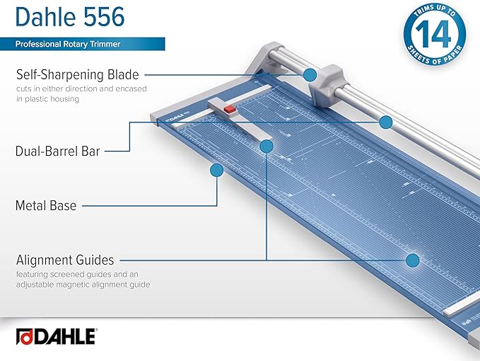Dahle 556 Professional Rotary Trimmer, 37" Cut Length, 14 Sheet Capacity, Self-Sharpening, Dual Guide Bar, Automatic Clamp, German Engineered Paper Cutter