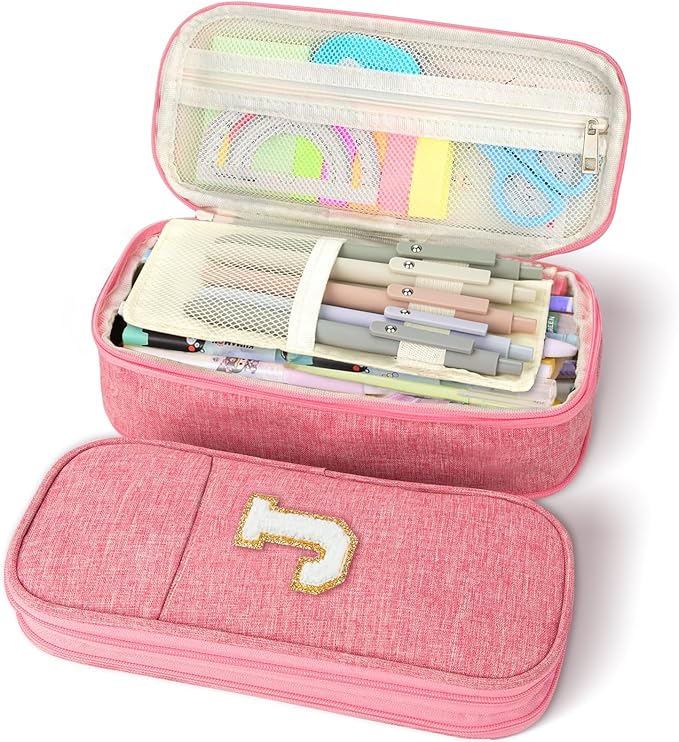 Large Capacity Pink Pencil Case, Cute Pencil Case Pencil Pouch with Zipper For Girls Women, Expandable Preppy Pencil Bag Large Storage High Capacity Bag Organizer for School Home Office Supplies, J