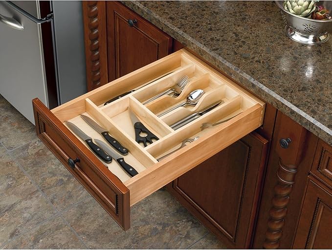 Rev-A-Shelf Trim-to-Fit Silverware Drawer Organizer For Kitchen Utensil Cutlery Cabinet Storage, Natural Maple Wood 7 Compartment Tray Insert 4WCT-1SH