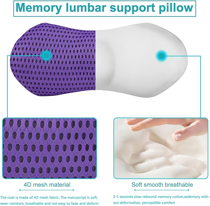 Lumbar Support Pillow,a backrest Pillow Used to Relieve Lower Back Pain,ergonomically Designed with Straps That can be Easily Secured to Office Chairs,Cars,beds,and Other Items.Purple