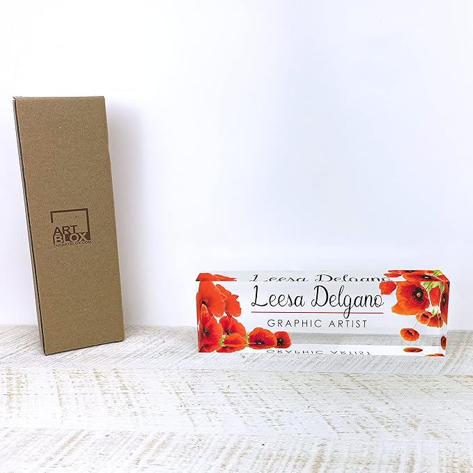 Artblox Personalized Name Plate for Desk | Poppy Flowers Design On Clear Acrylic Glass | Custom Desk Name Plate Personalized with Your Name and Credentials for Teacher Phd Military Office