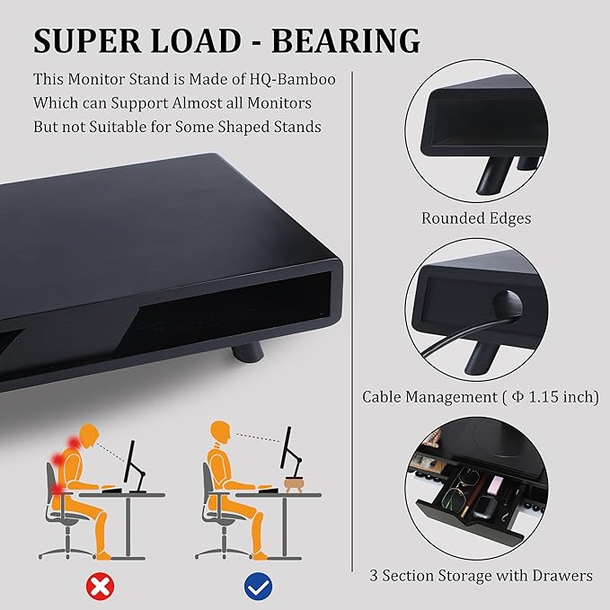 Homerays Monitor Stand with Drawer, Exquisite Computer Monitor Stand for Desk, Ergonomic Wood Monitor Stand Riser for Computer,Laptop,Printer,TV,Bamboo,Black